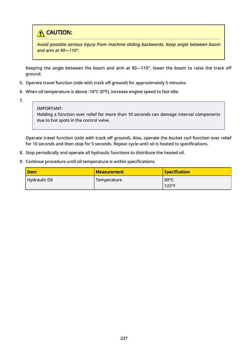 May include: A white page with safety instructions for a machine. The text includes a caution about injury, operating procedures, and oil temperature specifications. The oil temperature specification is 122&deg;F.