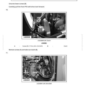 May include: A page from a manual with diagrams and instructions for removing parts from a machine. The images show close-ups of the engine components, including a clutch and drive belt. Text includes warnings and step-by-step instructions.