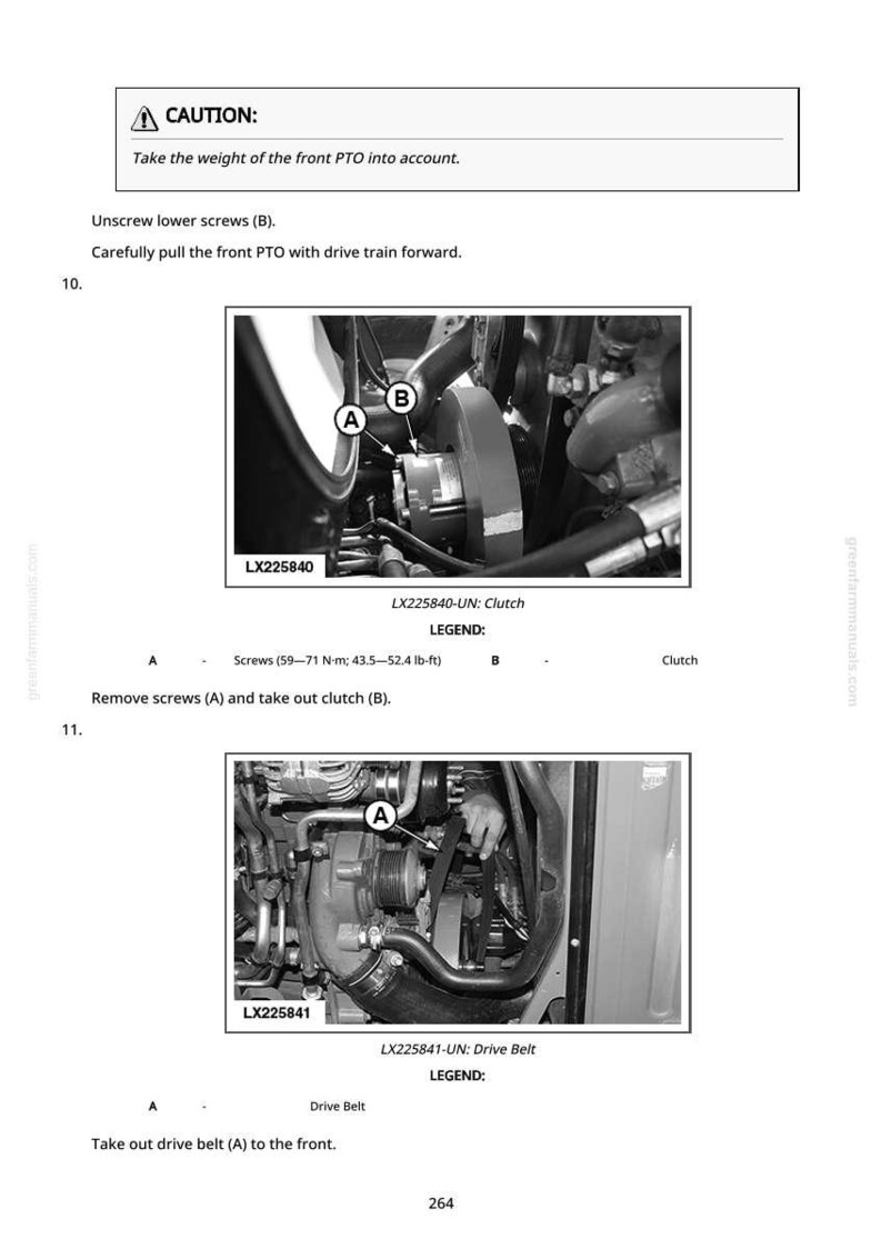 May include: A page from a manual with diagrams and instructions for removing parts from a machine. The images show close-ups of the engine components, including a clutch and drive belt. Text includes warnings and step-by-step instructions.