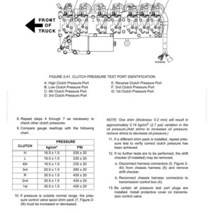 Puede incluir: Diagrama t&eacute;cnico que ilustra la identificaci&oacute;n de los puertos de prueba de presi&oacute;n del embrague de una transmisi&oacute;n de cami&oacute;n. La imagen presenta un esquema detallado de la transmisi&oacute;n, con etiquetas y una tabla de presi&oacute;n.