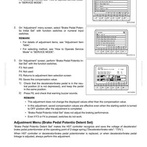 May include: A page from a technical manual detailing machine monitor adjustments. It features diagrams of the monitor's interface and instructions for setting the brake pedal, including function switch operations and menu selections.