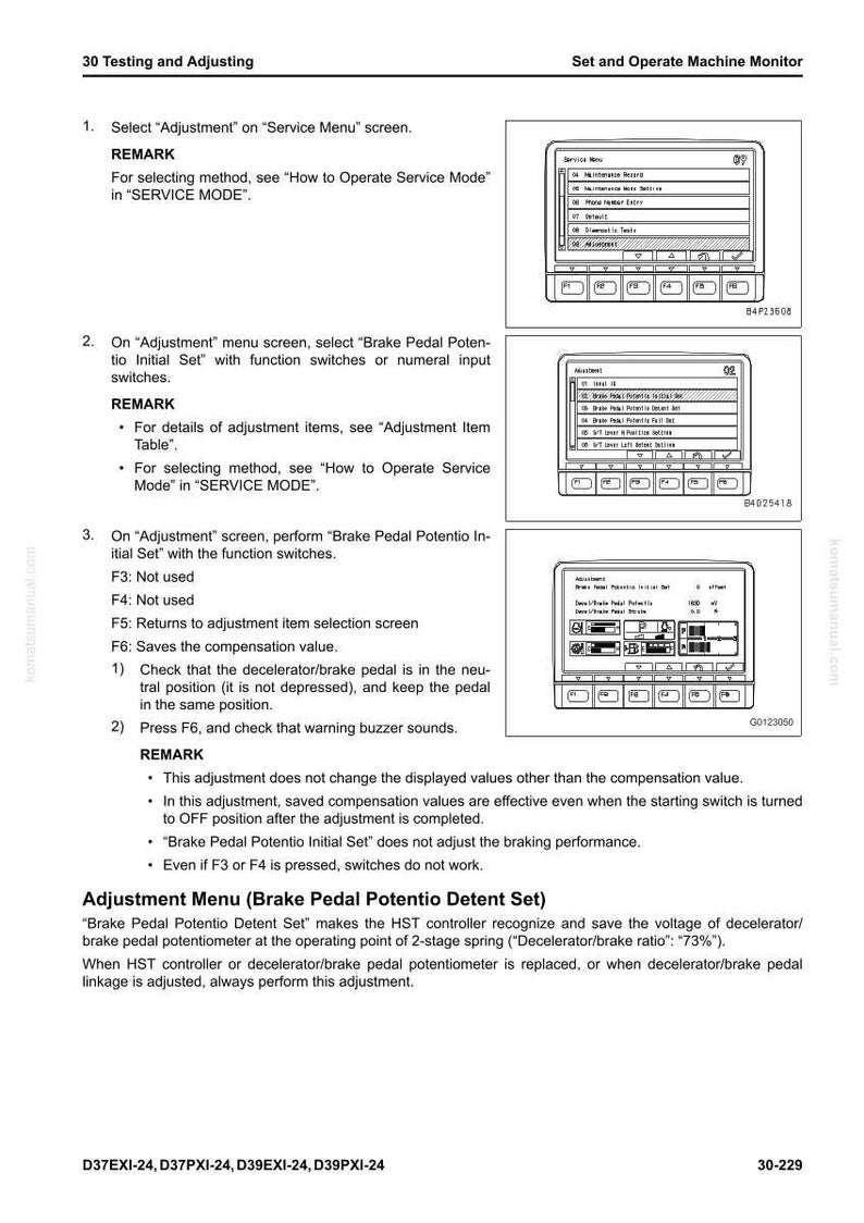 May include: A page from a technical manual detailing machine monitor adjustments. It features diagrams of the monitor's interface and instructions for setting the brake pedal, including function switch operations and menu selections.