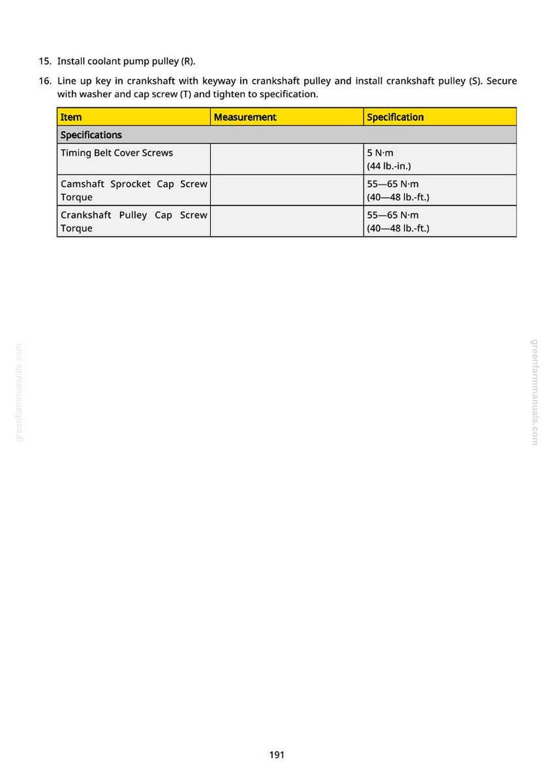 Puede incluir: Una p&aacute;gina de un manual con instrucciones para instalar una polea de bomba de refrigerante y una polea de cig&uuml;e&ntilde;al. La tabla enumera las especificaciones de los tornillos de la cubierta de la correa de distribuci&oacute;n.