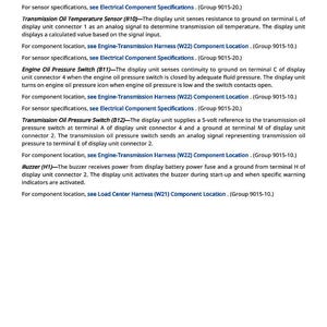 May include: A page of technical specifications for automotive sensors and components, including fuel level, oil temperature, and pressure sensors. The text provides details on function and location.
