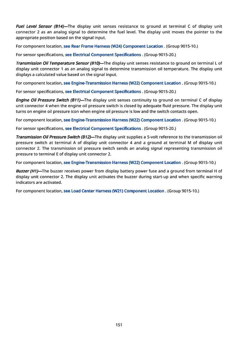 May include: A page of technical specifications for automotive sensors and components, including fuel level, oil temperature, and pressure sensors. The text provides details on function and location.