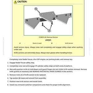 Op de afbeelding: Diagram met instructies voor het verwijderen en installeren van messecties. De afbeelding bevat een waarschuwing, gelabelde onderdelen en instructies. De tekst waarschuwt voor scherpe messen en veiligheidsmaatregelen.