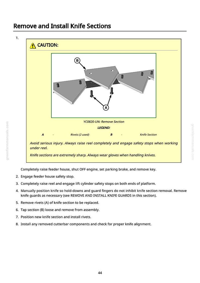 Op de afbeelding: Diagram met instructies voor het verwijderen en installeren van messecties. De afbeelding bevat een waarschuwing, gelabelde onderdelen en instructies. De tekst waarschuwt voor scherpe messen en veiligheidsmaatregelen.