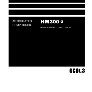 K&ouml;nnte beinhalten: Ein Handbuchcover mit wei&szlig;em Hintergrund und schwarzem Text. Der Titel "Shop Manual" steht oben. Darunter steht "Articulated Dump Truck" und "HM 300-2". Das Komatsu-Logo befindet sich unten.