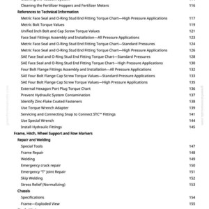 May include: A page from a manual with a list of technical information and repair procedures. The text includes topics like torque charts, fitting assembly, and welding techniques. The page number is 4.