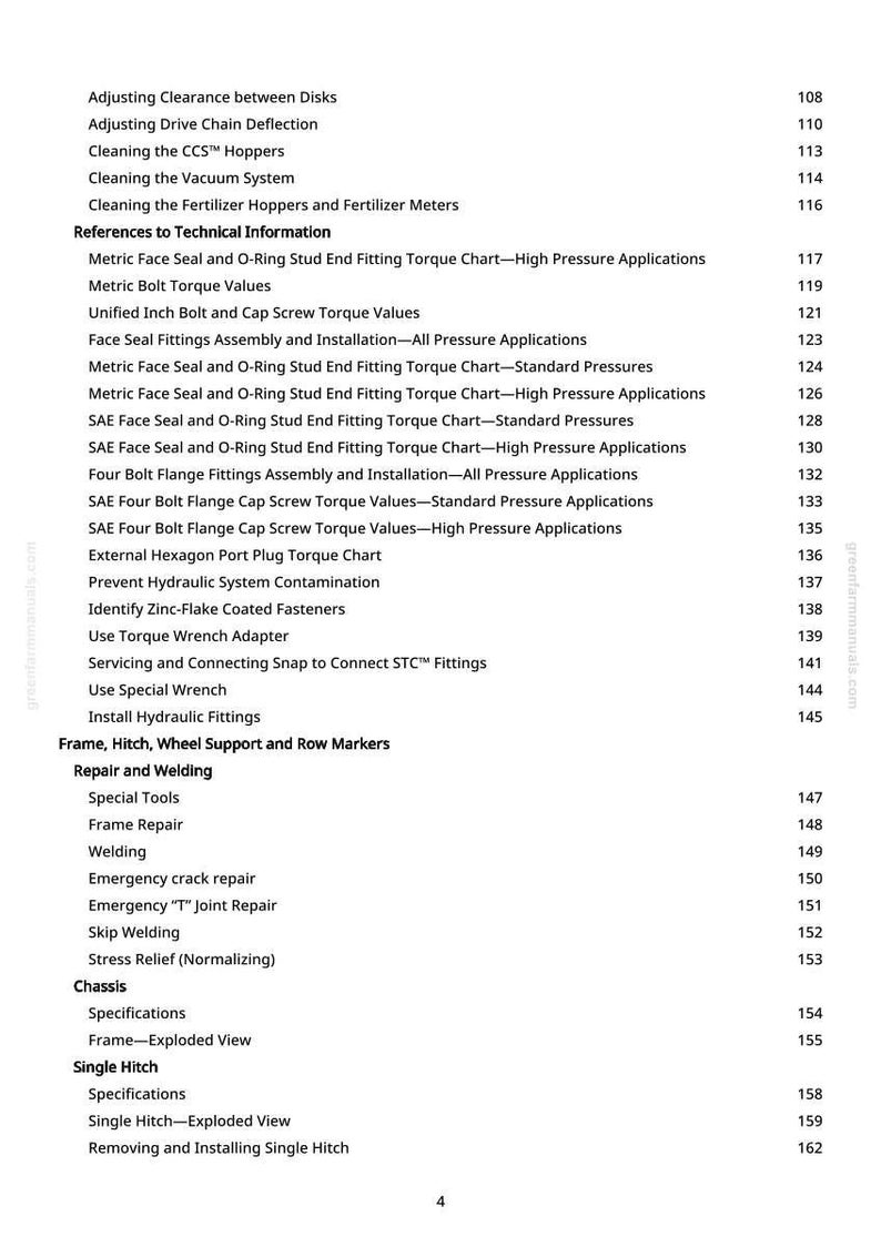 May include: A page from a manual with a list of technical information and repair procedures. The text includes topics like torque charts, fitting assembly, and welding techniques. The page number is 4.