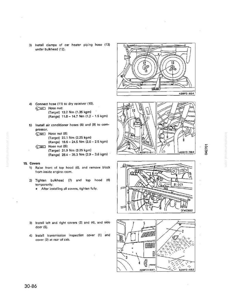 May include: Diagram of car parts installation steps, including connecting hoses, installing covers, and tightening components. Text instructions and labeled diagrams are provided for each step. The image is a technical illustration.