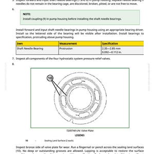 May include: Diagram of a valve plate with a circular design and text. Includes measurements in inches and millimeters. The image provides instructions for inspecting and maintaining the valve plate and related components.