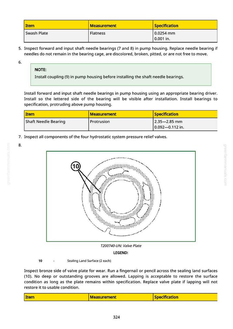 May include: Diagram of a valve plate with a circular design and text. Includes measurements in inches and millimeters. The image provides instructions for inspecting and maintaining the valve plate and related components.