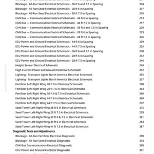 May include: A page from a manual with a list of electrical schematics, including Blockage, CAN Bus, ECU Power, and Lighting schematics. Measurements are in feet and inches. The page also lists diagnostic tests and adjustments.