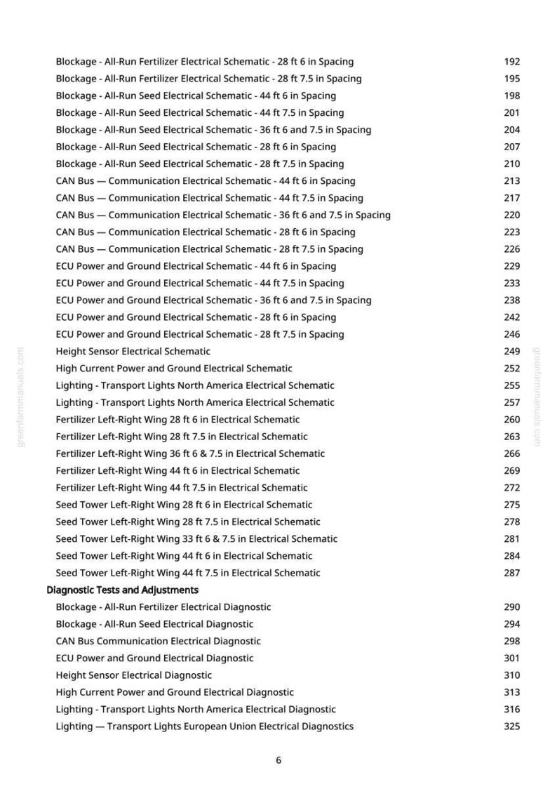 May include: A page from a manual with a list of electrical schematics, including Blockage, CAN Bus, ECU Power, and Lighting schematics. Measurements are in feet and inches. The page also lists diagnostic tests and adjustments.