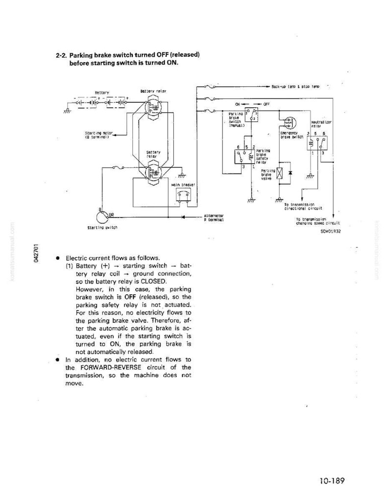 May include: A technical diagram of an electrical circuit, featuring a parking brake switch and related components. The diagram includes labels and arrows indicating the flow of electricity, with text explaining the circuit's function and operation.