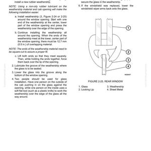 May include: Diagram of rear window installation steps, including glass, locking lip, weatherstrip, and sheet metal components. Instructions detail weatherstrip installation, glass insertion, and securing the locking lip. Figure 2-25 illustrates the process.