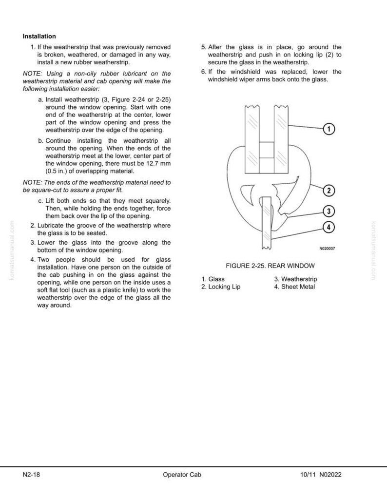 May include: Diagram of rear window installation steps, including glass, locking lip, weatherstrip, and sheet metal components. Instructions detail weatherstrip installation, glass insertion, and securing the locking lip. Figure 2-25 illustrates the process.