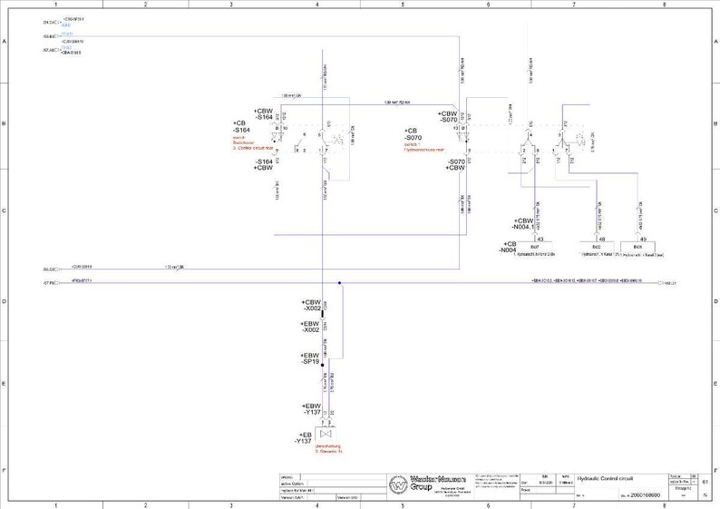 Pu&ograve; includere: Diagramma tecnico dettagliato di un circuito di controllo idraulico, con linee, simboli ed etichette di testo. Il diagramma &egrave; su sfondo bianco con un riquadro del titolo in basso, incluso il logo "Wester-Mooser Group".