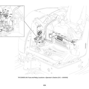 Op de afbeelding: Zwart-wit diagram van een elektrisch systeem van een machine, met de nadruk op zekering- en relaislocaties. Het diagram bevat labels zoals K10, K11, K12, K13, K17, K18, K19, K20, K21, K25, K26, K30, K32, K33 en F50. De tekst onderaan luidt: TX1334955-UN: Zekering- en relaislocaties - Bedieningsstation.