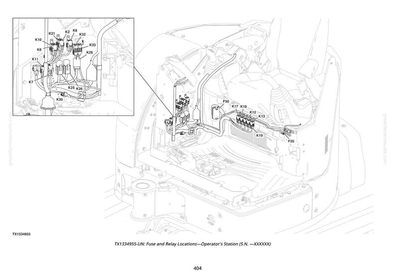 Op de afbeelding: Zwart-wit diagram van een elektrisch systeem van een machine, met de nadruk op zekering- en relaislocaties. Het diagram bevat labels zoals K10, K11, K12, K13, K17, K18, K19, K20, K21, K25, K26, K30, K32, K33 en F50. De tekst onderaan luidt: TX1334955-UN: Zekering- en relaislocaties - Bedieningsstation.