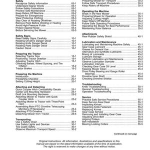 May include: A detailed table of contents from a manual, listing safety, operation, and maintenance topics. The page numbers are listed on the right side of the page. The manual is for a mower.