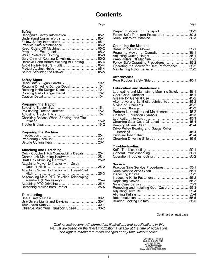 May include: A detailed table of contents from a manual, listing safety, operation, and maintenance topics. The page numbers are listed on the right side of the page. The manual is for a mower.