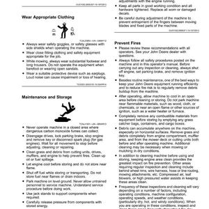 May include: A page from a manual with safety instructions for operating machinery. The text includes warnings about wearing appropriate clothing, preventing fires, and proper maintenance. Diagrams illustrate safety procedures.