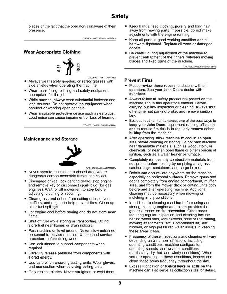 May include: A page from a manual with safety instructions for operating machinery. The text includes warnings about wearing appropriate clothing, preventing fires, and proper maintenance. Diagrams illustrate safety procedures.