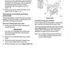 May include: An engine diagram with text instructions for disassembly and checking timing gear backlash. The image includes a diagram of engine components and text instructions for maintenance and repair.
