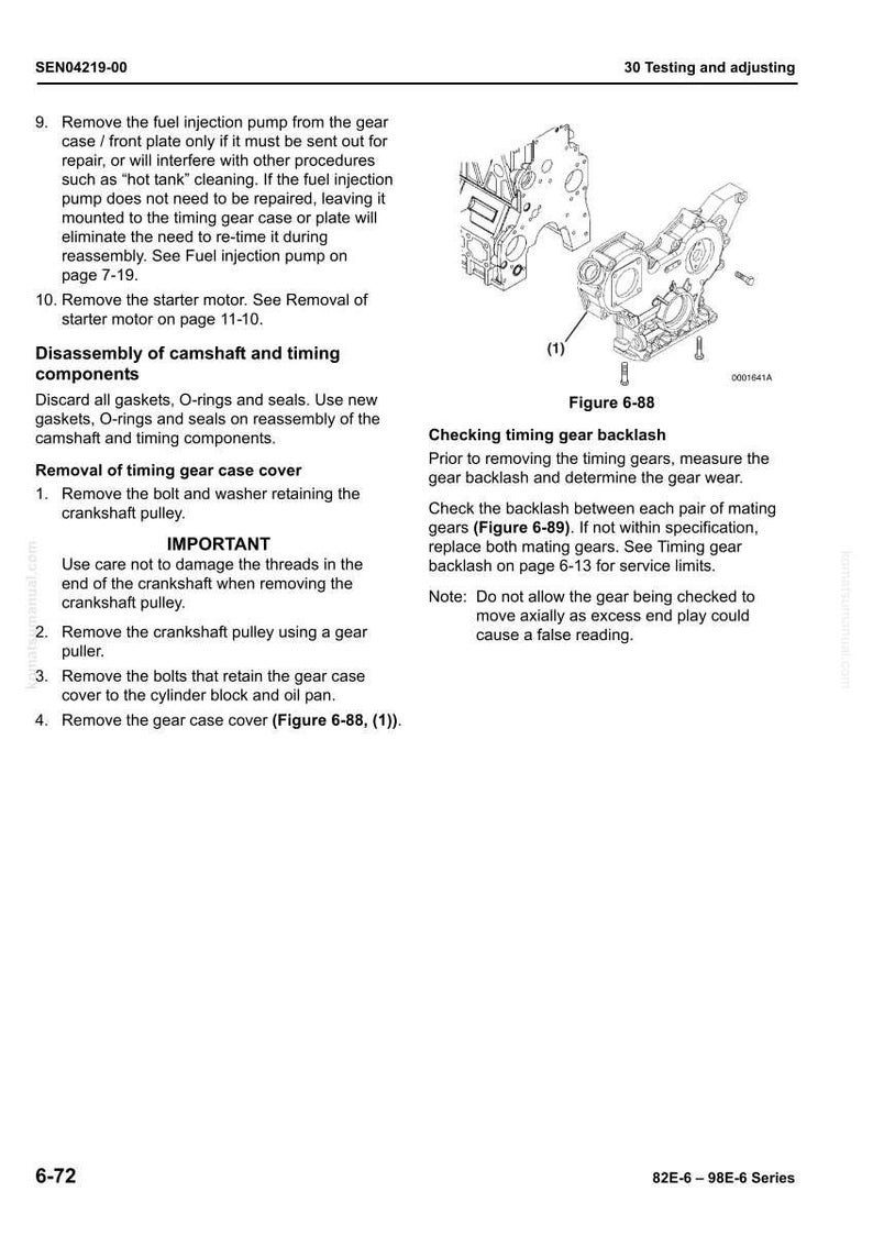 May include: An engine diagram with text instructions for disassembly and checking timing gear backlash. The image includes a diagram of engine components and text instructions for maintenance and repair.