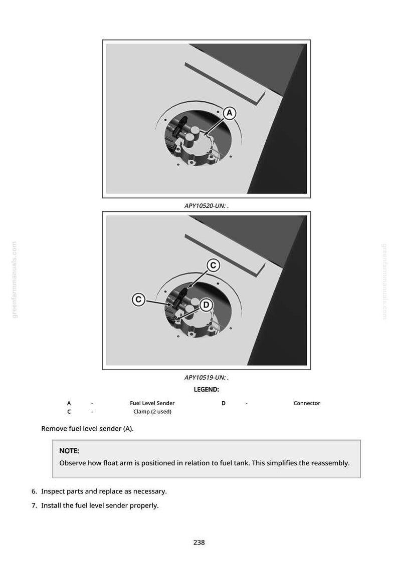 May include: Diagram of a fuel level sender assembly, with labels A, C, and D, and the text "APY10520-UN" and "APY10519-UN". The diagram includes a note about the float arm position and instructions for inspection and installation.