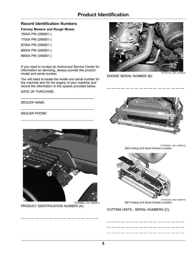 May include: A product identification page from a manual, featuring diagrams of machinery parts and locations for serial numbers. Includes spaces to record purchase details. Text includes model numbers.