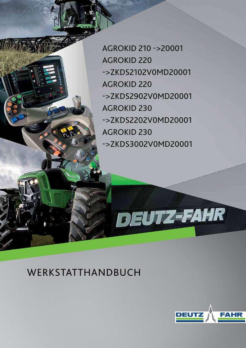 Może przedstawiać: Zielony i czarny ciągnik Deutz-Fahr z napisem "DEUTZ-FAHR" i "WERKSTATTHANDBUCH". Obraz zawiera r&oacute;wnież panel sterowania oraz listę modeli i kod&oacute;w AGROKID.