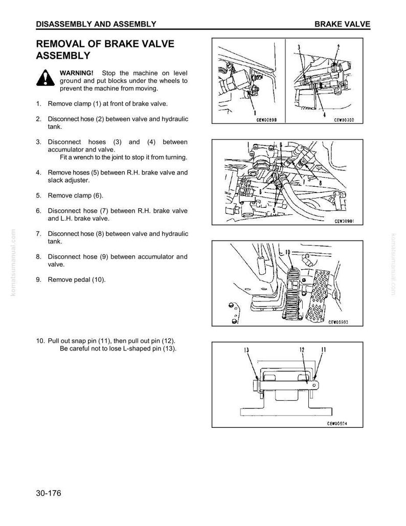 May include: Diagram of brake valve assembly removal instructions. The image includes detailed illustrations with labels and step-by-step instructions. Text includes warnings and numbered steps for disassembly and assembly.