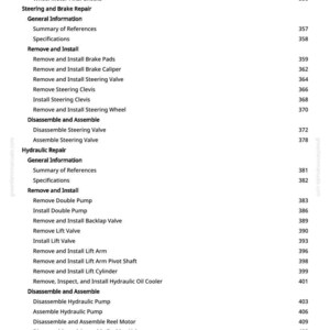Pu&ograve; includere: Una pagina di manuale con un sommario dettagliato. Le sezioni riguardano motori ruota, sterzo, freni e riparazioni idrauliche. I numeri di pagina sono visualizzati sul lato destro.