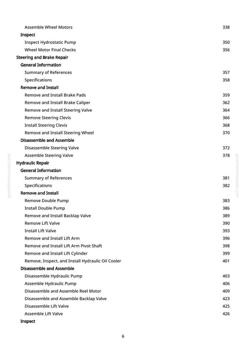 Pu&ograve; includere: Una pagina di manuale con un sommario dettagliato. Le sezioni riguardano motori ruota, sterzo, freni e riparazioni idrauliche. I numeri di pagina sono visualizzati sul lato destro.