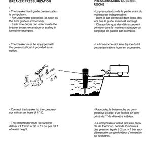 May include: A technical diagram from Komatsu, detailing breaker pressurization for the JPB7500V model. The image includes text and illustrations of components, with specifications for air hose size and compressor output in feet and PSI.