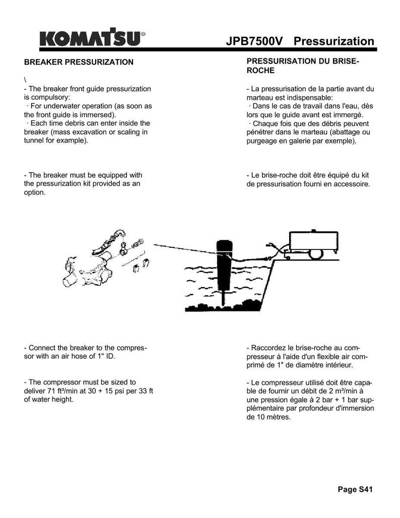 May include: A technical diagram from Komatsu, detailing breaker pressurization for the JPB7500V model. The image includes text and illustrations of components, with specifications for air hose size and compressor output in feet and PSI.