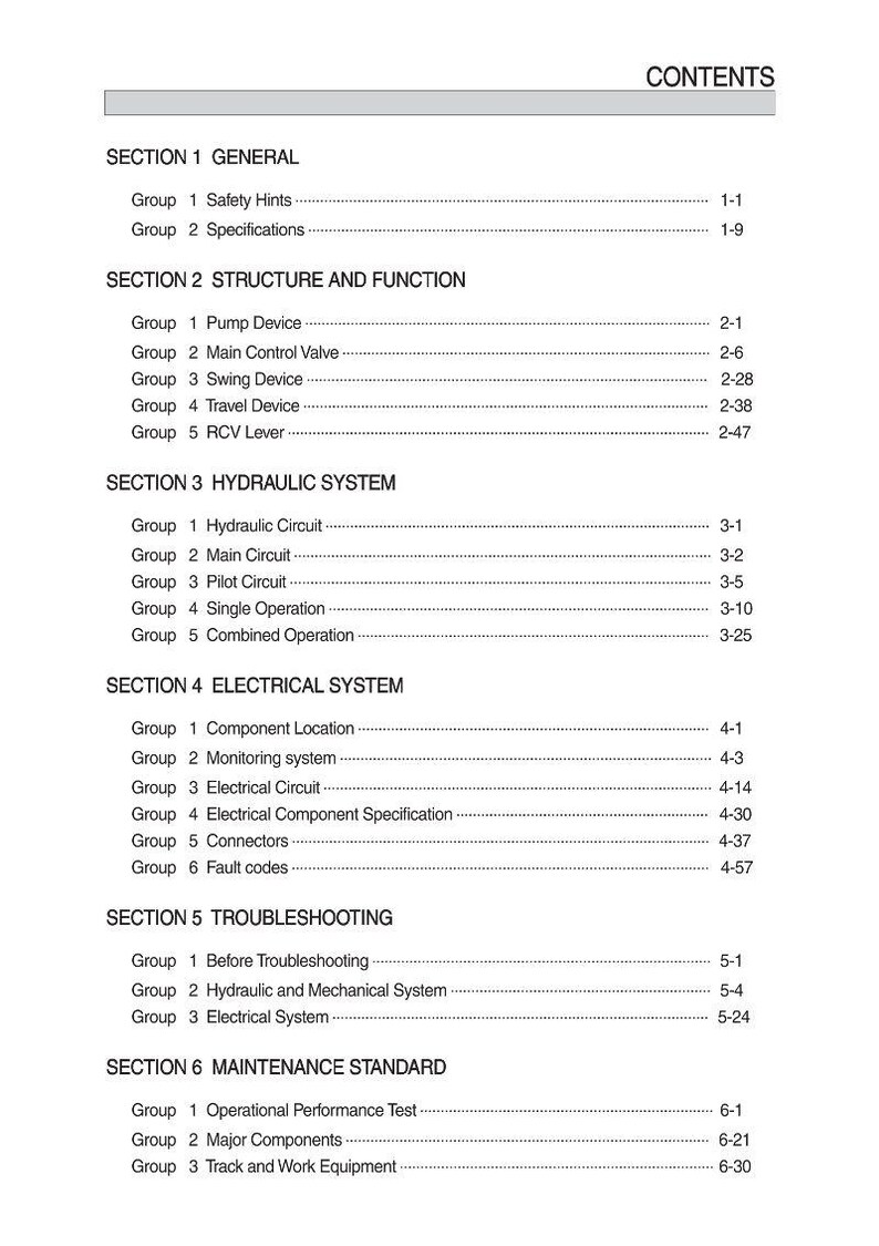 May include: A page from a manual titled "CONTENTS" with a list of sections and groups. The sections include GENERAL, STRUCTURE AND FUNCTION, HYDRAULIC SYSTEM, ELECTRICAL SYSTEM, TROUBLESHOOTING, and MAINTENANCE STANDARD. Each section lists several groups with page numbers.