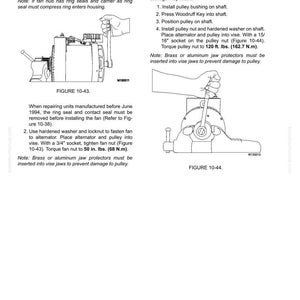 May include: Diagrams and instructions for a battery charging alternator. The image shows a fan assembly and pulley assembly with detailed steps. Text includes torque specifications in foot-pounds and inch-pounds.