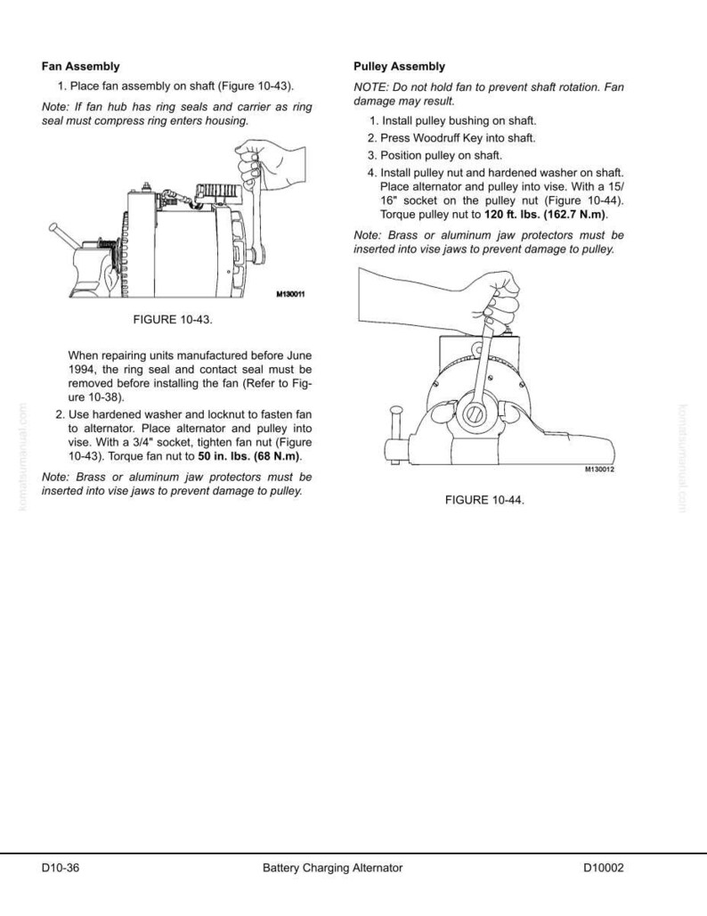 May include: Diagrams and instructions for a battery charging alternator. The image shows a fan assembly and pulley assembly with detailed steps. Text includes torque specifications in foot-pounds and inch-pounds.