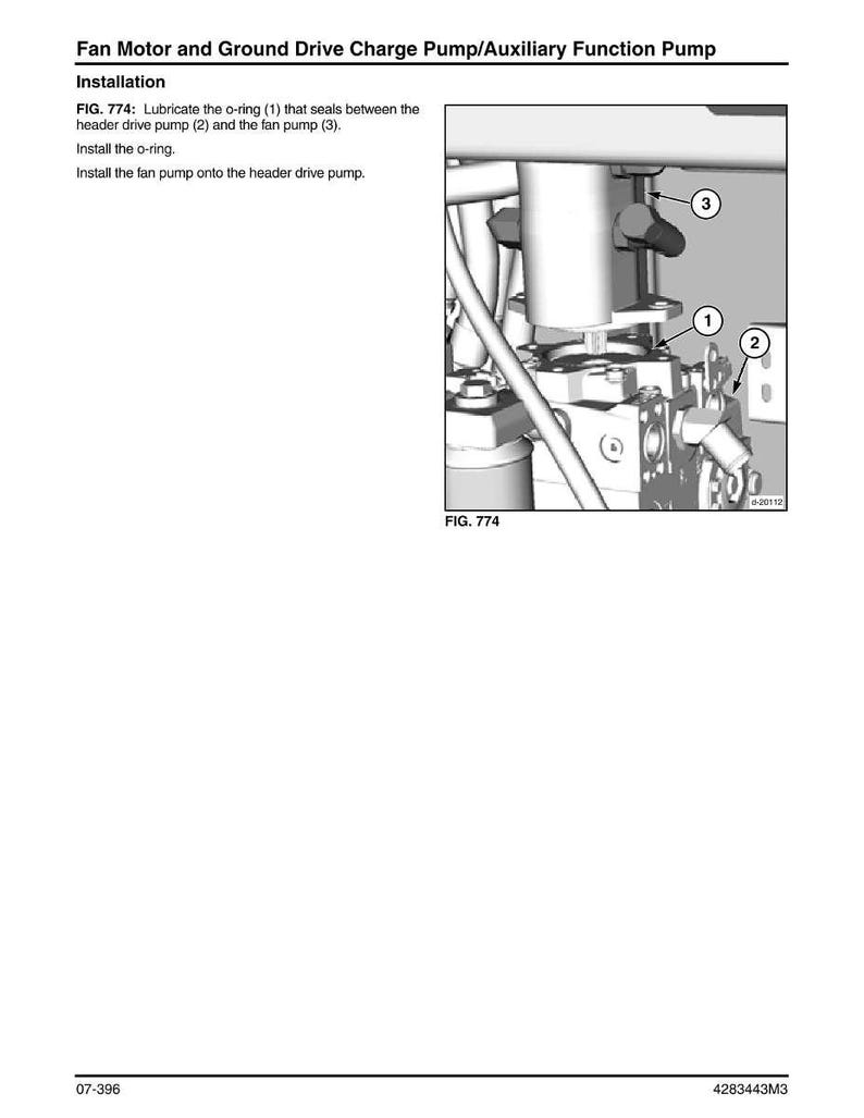 Pode incluir: Um diagrama de instala&ccedil;&atilde;o para uma bomba de carga do motor do ventilador e acionamento do solo. A imagem mostra os componentes rotulados 1, 2 e 3, com instru&ccedil;&otilde;es para lubrificar o anel de veda&ccedil;&atilde;o e instalar a bomba do ventilador.