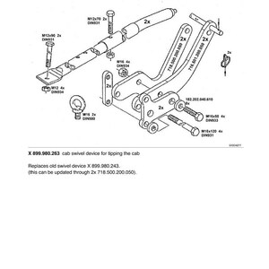 Peut inclure: Un sch&eacute;ma technique d'un m&eacute;canisme de basculement pour un dispositif pivotant de cabine. Le sch&eacute;ma comprend diverses pi&egrave;ces, telles que des boulons, des supports et un composant cylindrique, avec des &eacute;tiquettes et des mesures. Le texte comprend "Service / Special tools" et "Tilting mechanism".