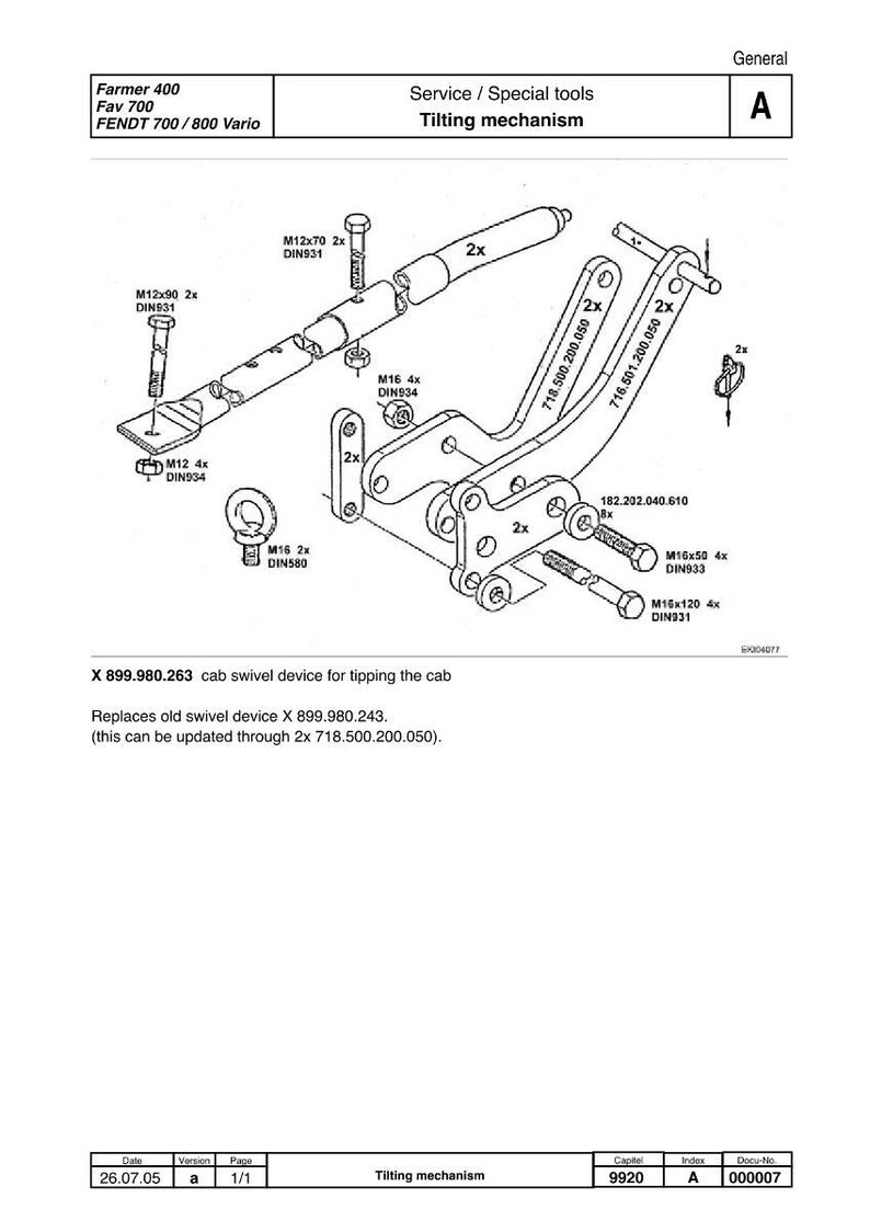Peut inclure: Un sch&eacute;ma technique d'un m&eacute;canisme de basculement pour un dispositif pivotant de cabine. Le sch&eacute;ma comprend diverses pi&egrave;ces, telles que des boulons, des supports et un composant cylindrique, avec des &eacute;tiquettes et des mesures. Le texte comprend "Service / Special tools" et "Tilting mechanism".