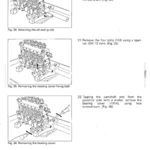 K&ouml;nnte beinhalten: Technische Zeichnung, die die Demontage eines Motors zeigt. Das Bild enth&auml;lt drei Illustrationen mit Beschriftungen wie "Anbringen der &Ouml;ldichtung" und "Entfernen der Lagerschraube".