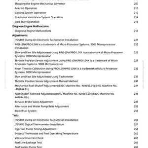 Peut inclure: Une page de manuel avec une table des mati&egrave;res. Le texte noir sur fond blanc d&eacute;taille les diagnostics, les r&eacute;glages et les tests du moteur. Une adresse de site web verte est visible.