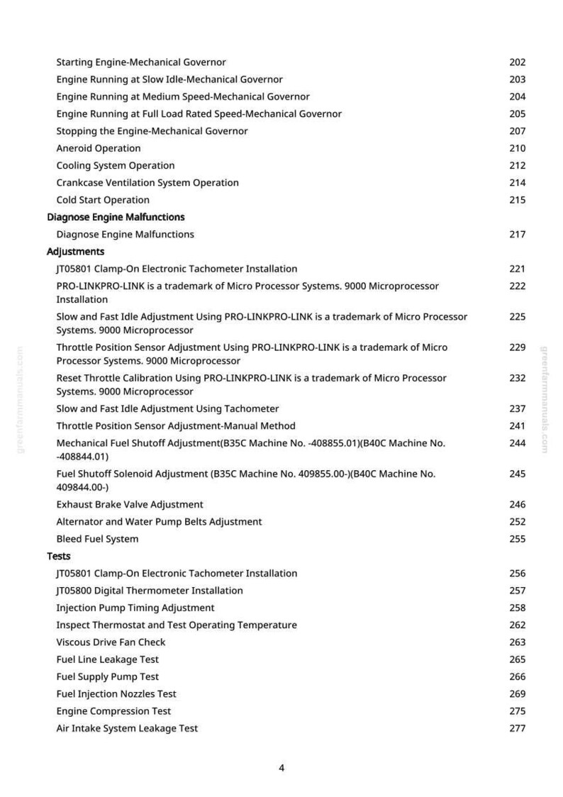 Peut inclure: Une page de manuel avec une table des mati&egrave;res. Le texte noir sur fond blanc d&eacute;taille les diagnostics, les r&eacute;glages et les tests du moteur. Une adresse de site web verte est visible.
