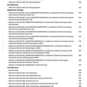 Puede incluir: Una p&aacute;gina detallada de un manual, con un &iacute;ndice de referencias t&eacute;cnicas y especificaciones. El texto incluye referencias a sensores, diagramas de cableado y pruebas relacionadas con maquinaria agr&iacute;cola.