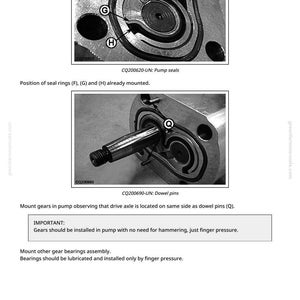May include: Black and white technical diagrams of pump components, including seal rings and dowel pins. The diagrams show detailed views with labels (F, G, H, Q) and text instructions for assembly. The image is from a greenfarmmanuals.com manual.